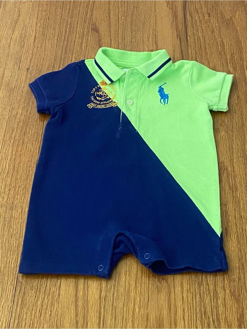 Ralph Lauren Navy and Lime Diagonal Polo Romper
